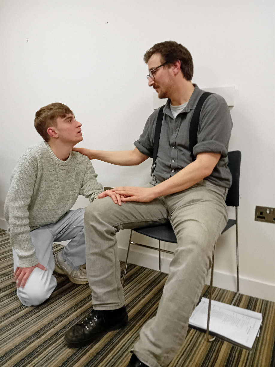 Ollie Hiemann as Bassanio Gabriel Bird as Antonio in rehearsal 918 x 1224 pix